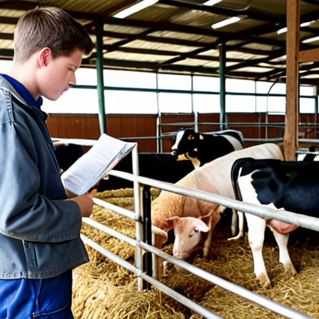 A confident student demonstrating practical animal husbandry skills on a farm, meticulously examining livestock under the watchful eyes of experienced examiners. The scene emphasizes precision, real-world application, and competence in a well-maintained farm environment, highlighting the practical exam setting.
