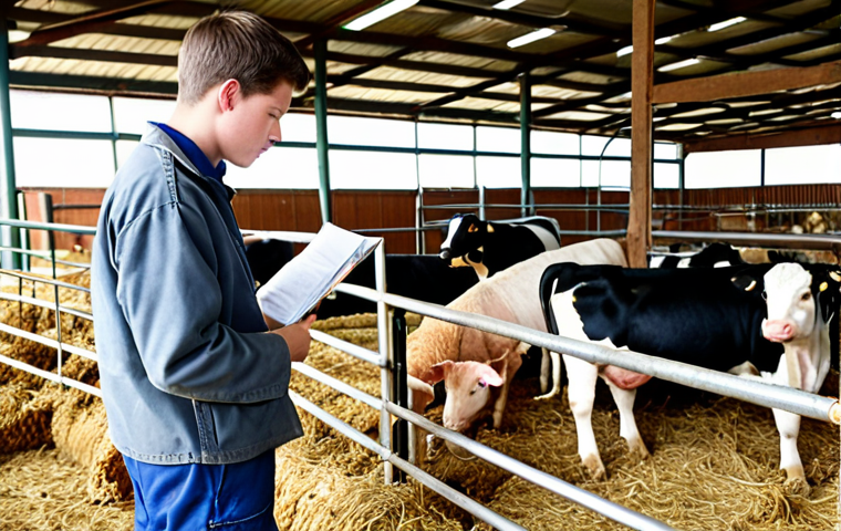 A confident student demonstrating practical animal husbandry skills on a farm, meticulously examining livestock under the watchful eyes of experienced examiners. The scene emphasizes precision, real-world application, and competence in a well-maintained farm environment, highlighting the practical exam setting.