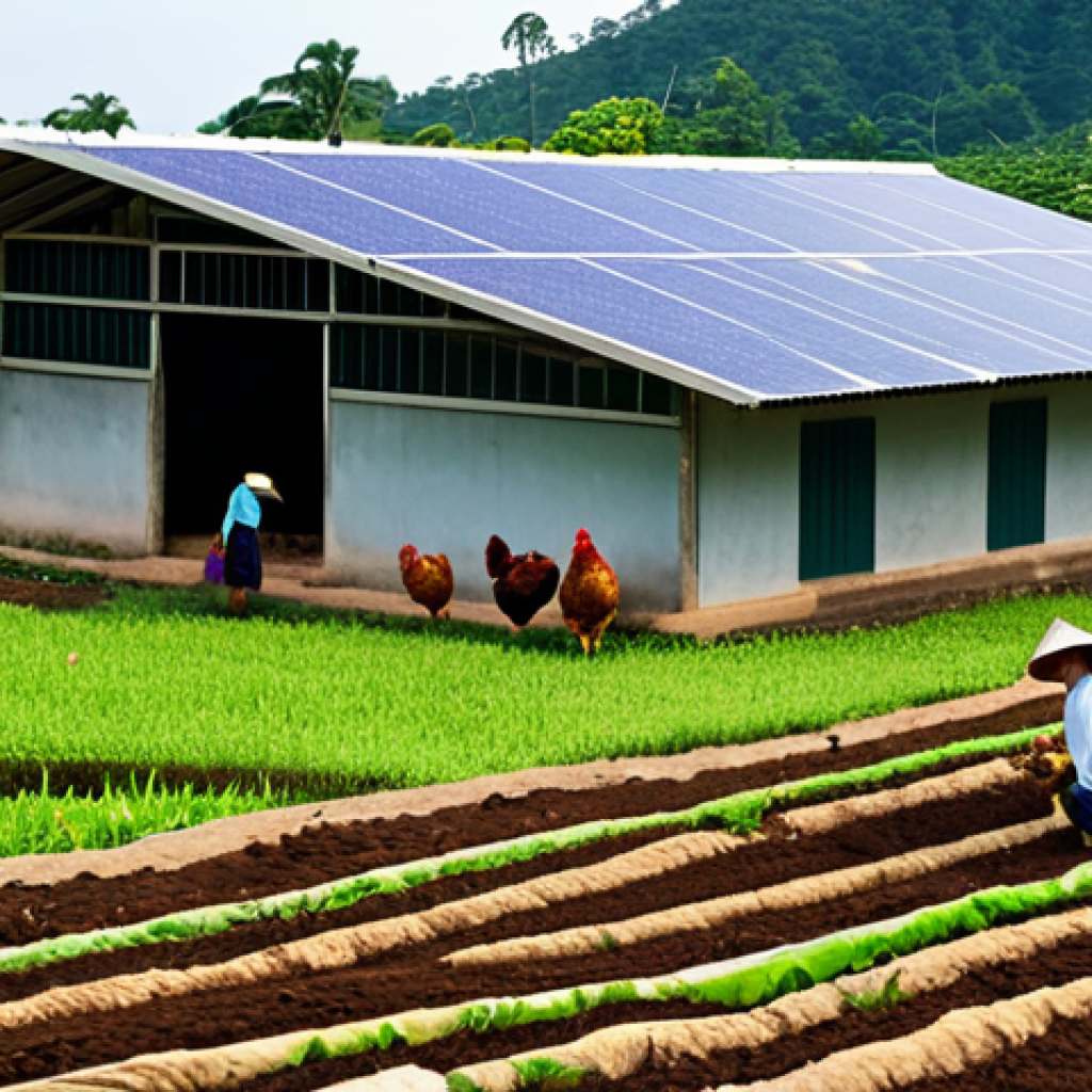 **

"A modern, family-run farm in rural Thailand. Solar panels on barn roof, chickens freely roaming in a grassy area, farmer inspecting healthy soil with earthworms, fully clothed in traditional Thai farming attire. Safe for work, appropriate content, professional image, sustainable agriculture, perfect anatomy, natural proportions, high quality."

**