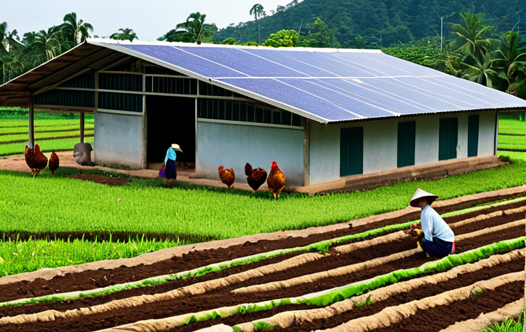 **

"A modern, family-run farm in rural Thailand. Solar panels on barn roof, chickens freely roaming in a grassy area, farmer inspecting healthy soil with earthworms, fully clothed in traditional Thai farming attire. Safe for work, appropriate content, professional image, sustainable agriculture, perfect anatomy, natural proportions, high quality."

**