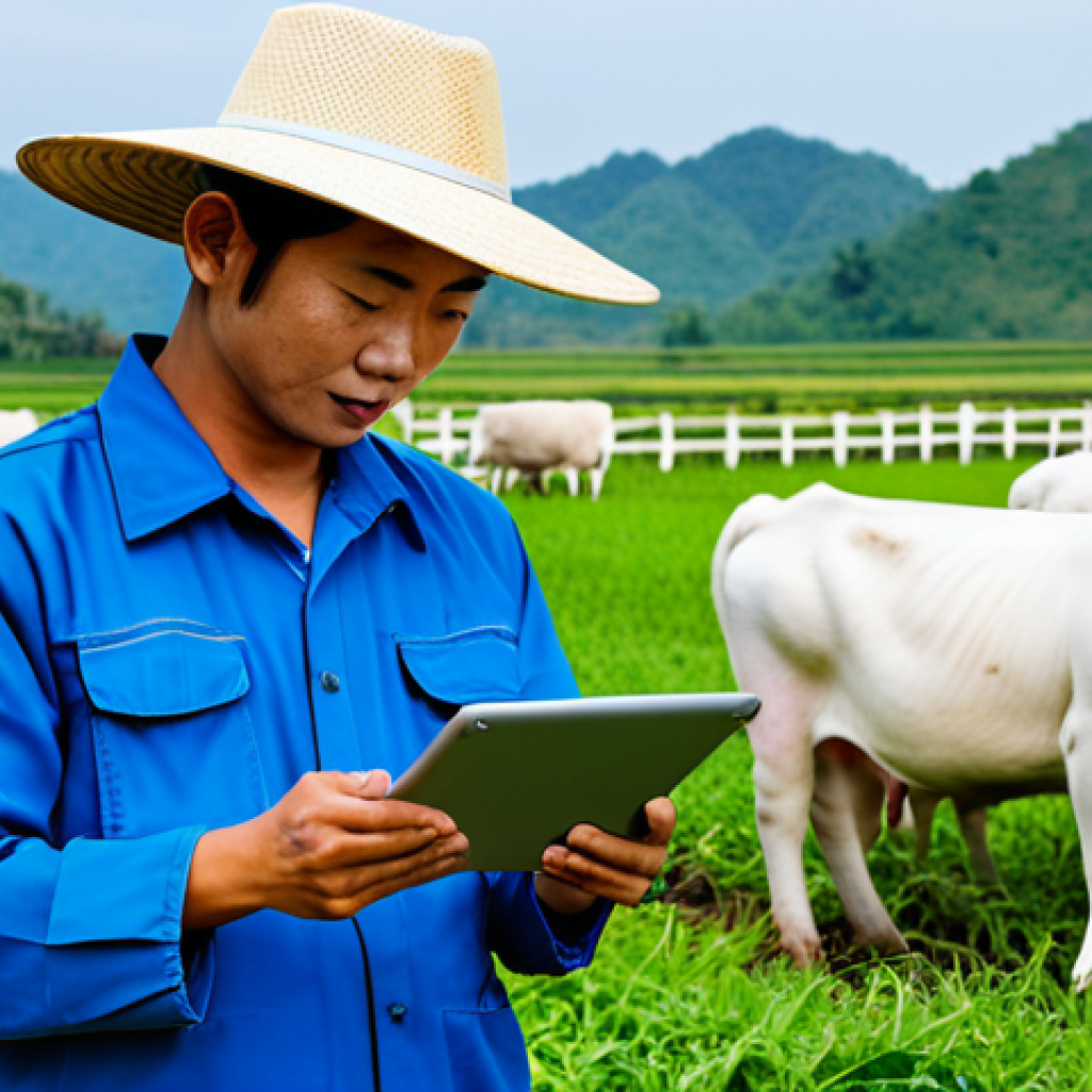 Smart Farming Technology**

"A Thai farmer using a tablet in a modern, clean livestock farm, fully clothed in appropriate farming attire, monitoring animal health data, safe for work, appropriate content, perfect anatomy, natural proportions, professional agricultural technology photography, high quality, daytime."

**