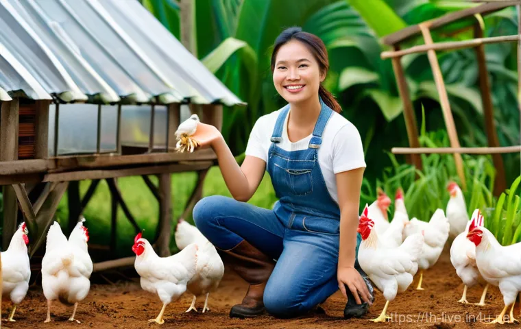 축산업 관련 블로그 운영법 - **A heartwarming scene of a cheerful Thai female farmer, approximately 30-40 years old, wearing a mo...
