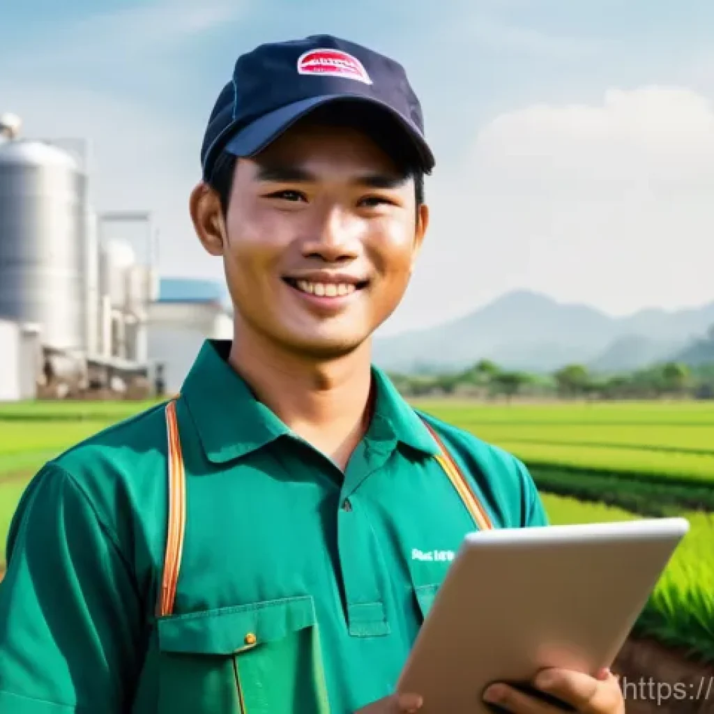 축산업 시험 출제 경향 - **Prompt:** A vibrant, futuristic shot of a modern smart farm in rural Thailand. A young, smiling Th...