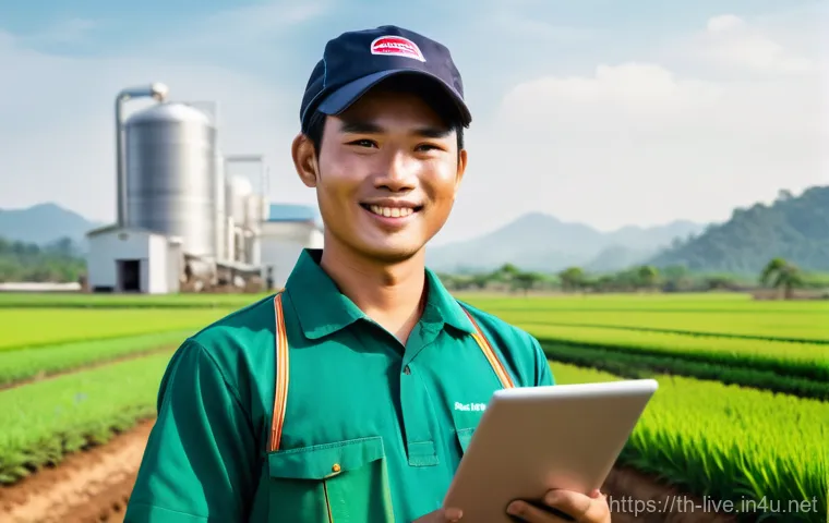 축산업 시험 출제 경향 - **Prompt:** A vibrant, futuristic shot of a modern smart farm in rural Thailand. A young, smiling Th...
