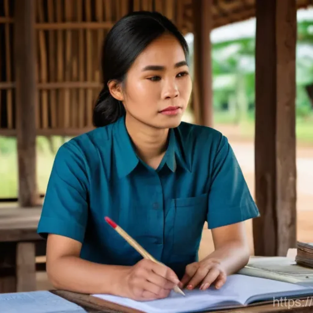 축산업 자격증 취득 실패 극복 사례 - **Prompt: A Thai female farmer, appearing thoughtful and slightly disheartened, sits at a rustic woo...