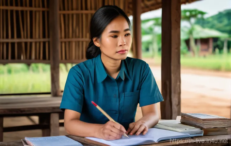 축산업 자격증 취득 실패 극복 사례 - **Prompt: A Thai female farmer, appearing thoughtful and slightly disheartened, sits at a rustic woo...