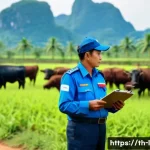 Home 13 축산업 공공기관 취업 정보 - A dedicated Thai government livestock officer wearing a neat official uniform, standing in a lush gr...