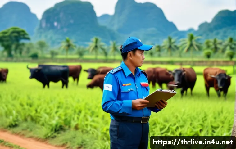 축산업 공공기관 취업 정보 - A dedicated Thai government livestock officer wearing a neat official uniform, standing in a lush gr...