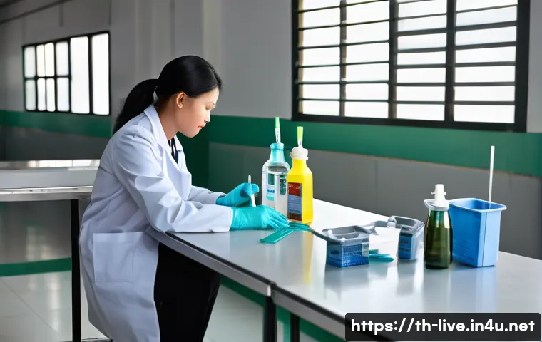 축산업 실기시험 실수 줄이는 법 - A professional veterinary practical exam setup in a clean, organized workspace in Thailand, featurin...