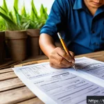 Home 18 축산업 자격증 갱신 방법 - A detailed scene of a Thai farmer preparing documents for livestock farming license renewal at a rus...