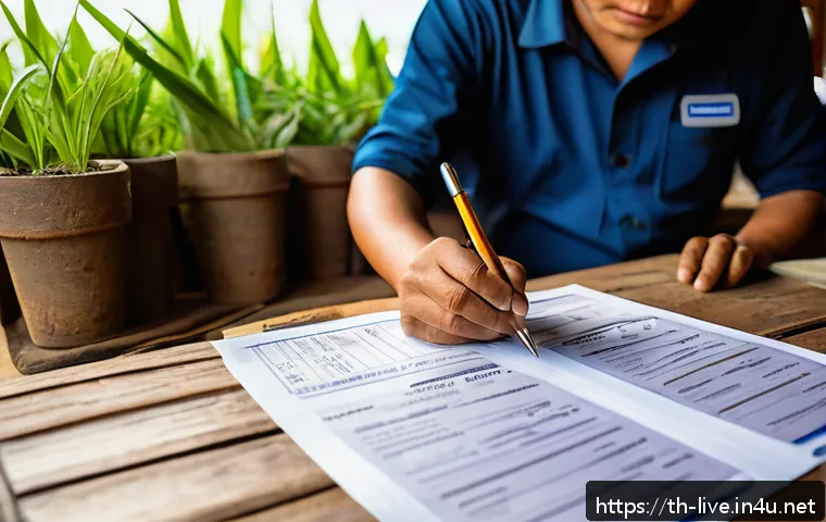 축산업 자격증 갱신 방법 - A detailed scene of a Thai farmer preparing documents for livestock farming license renewal at a rus...