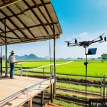 Home 23 축산업 교육기관 추천 - A modern smart livestock farm scene in Thailand during daytime, featuring a well-organized farm with...