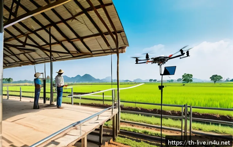 축산업 교육기관 추천 - A modern smart livestock farm scene in Thailand during daytime, featuring a well-organized farm with...